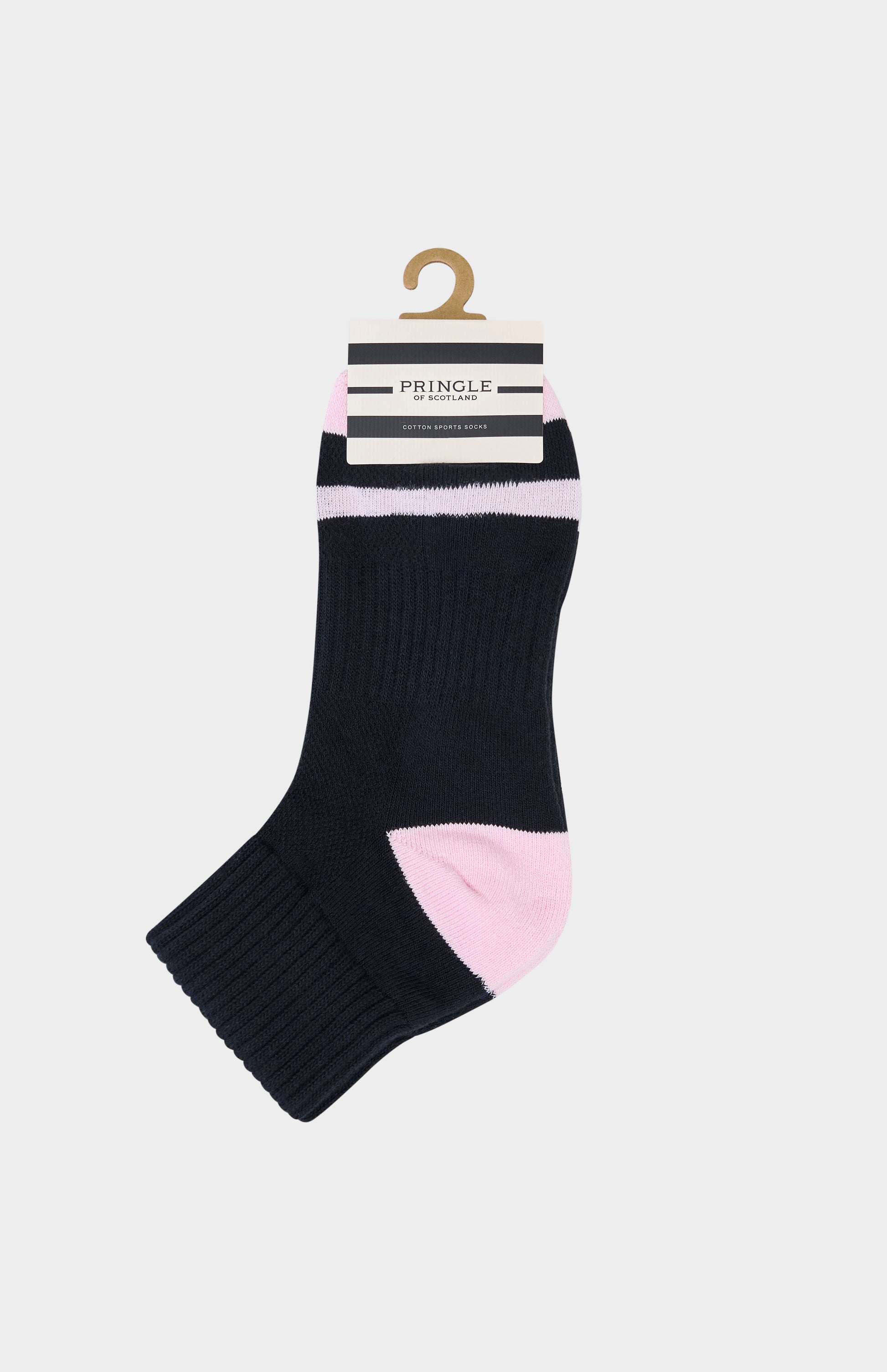 Black and pink sock on a white background with 'Pringle' branding.