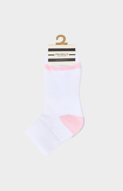 Pack of white socks with pink accents and Pringle branding on a white background