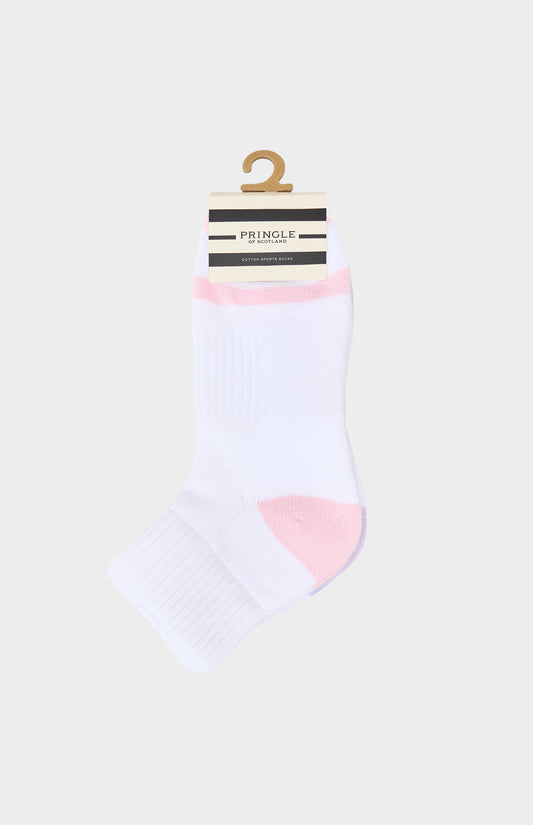 Pack of white socks with pink accents and Pringle branding on a white background