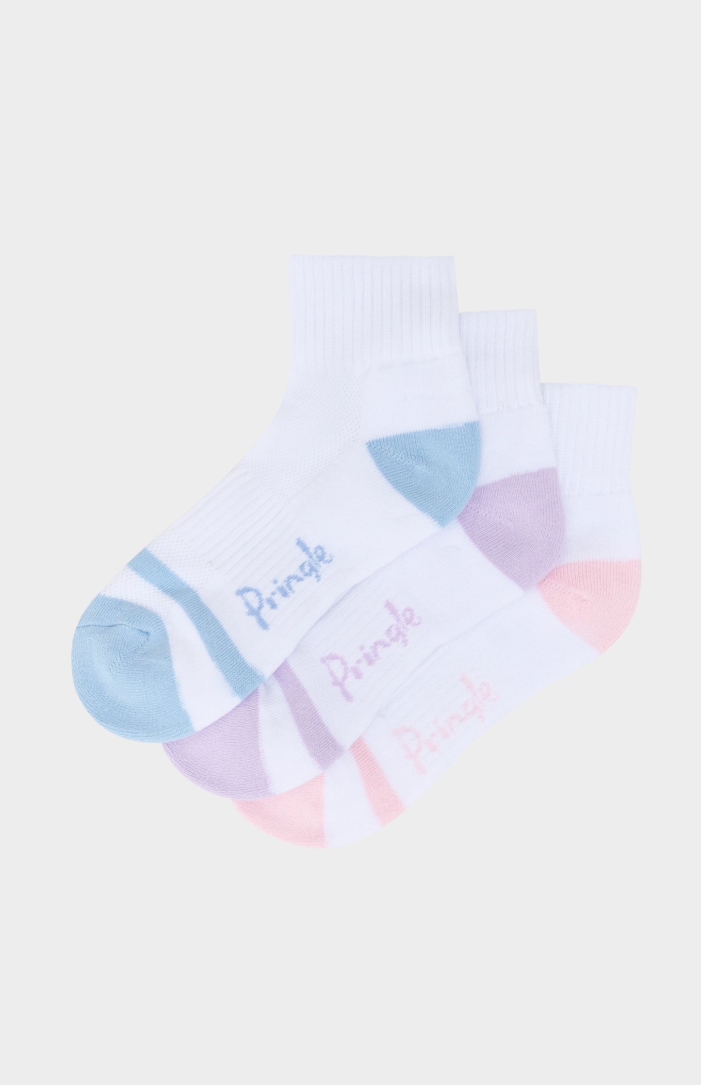 Pack of white socks with pink accents and Pringle branding on a white background