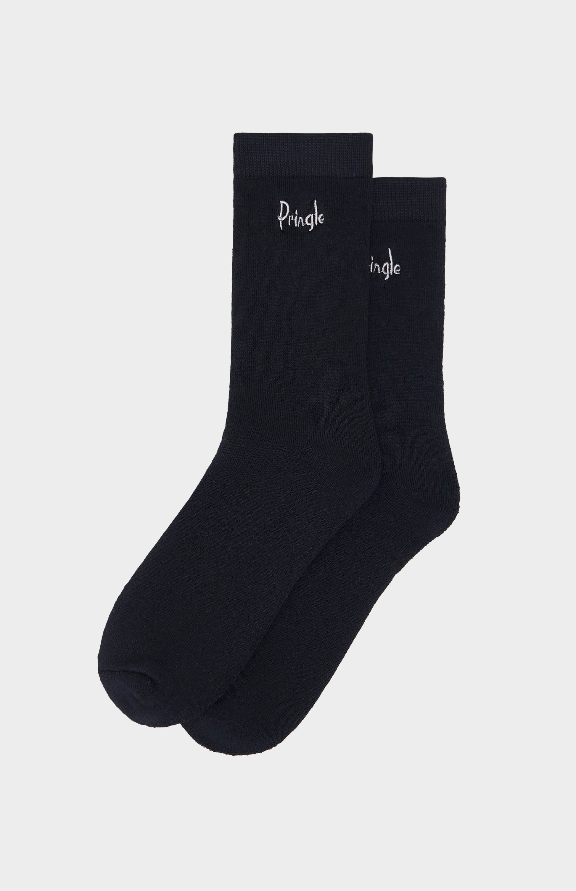 Two black socks with 'Pringle' branding on a light gray background