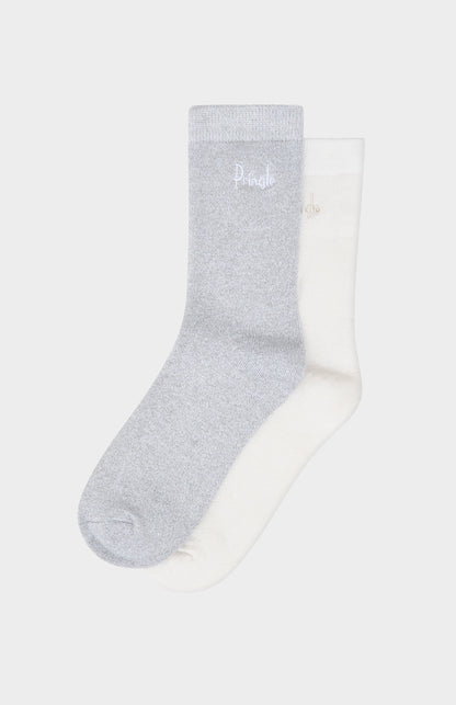 White and grey socks with Pringle branding against light grey background