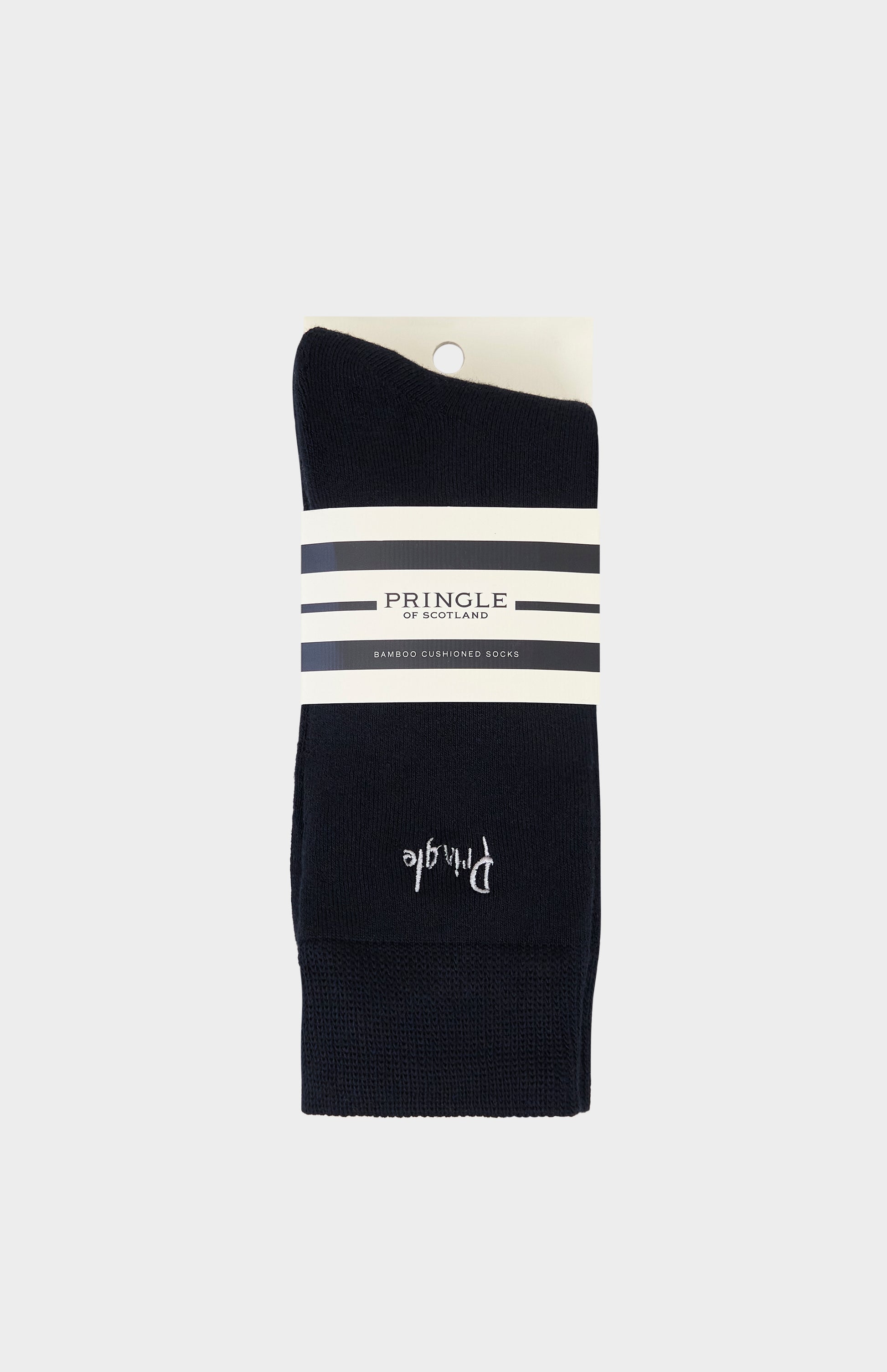 Black socks with Pringle branding against white background