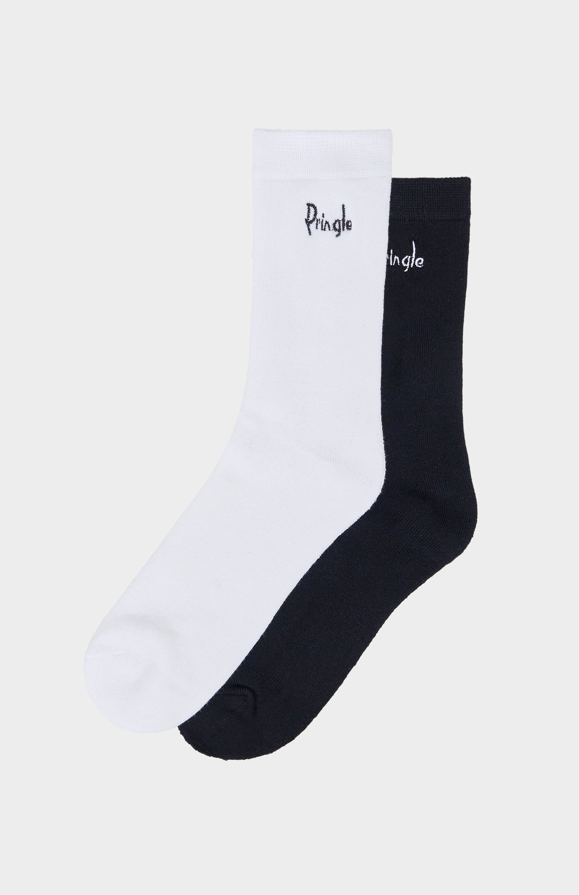 Two socks, one white and one black, with 'Pringle' branding on a white background.