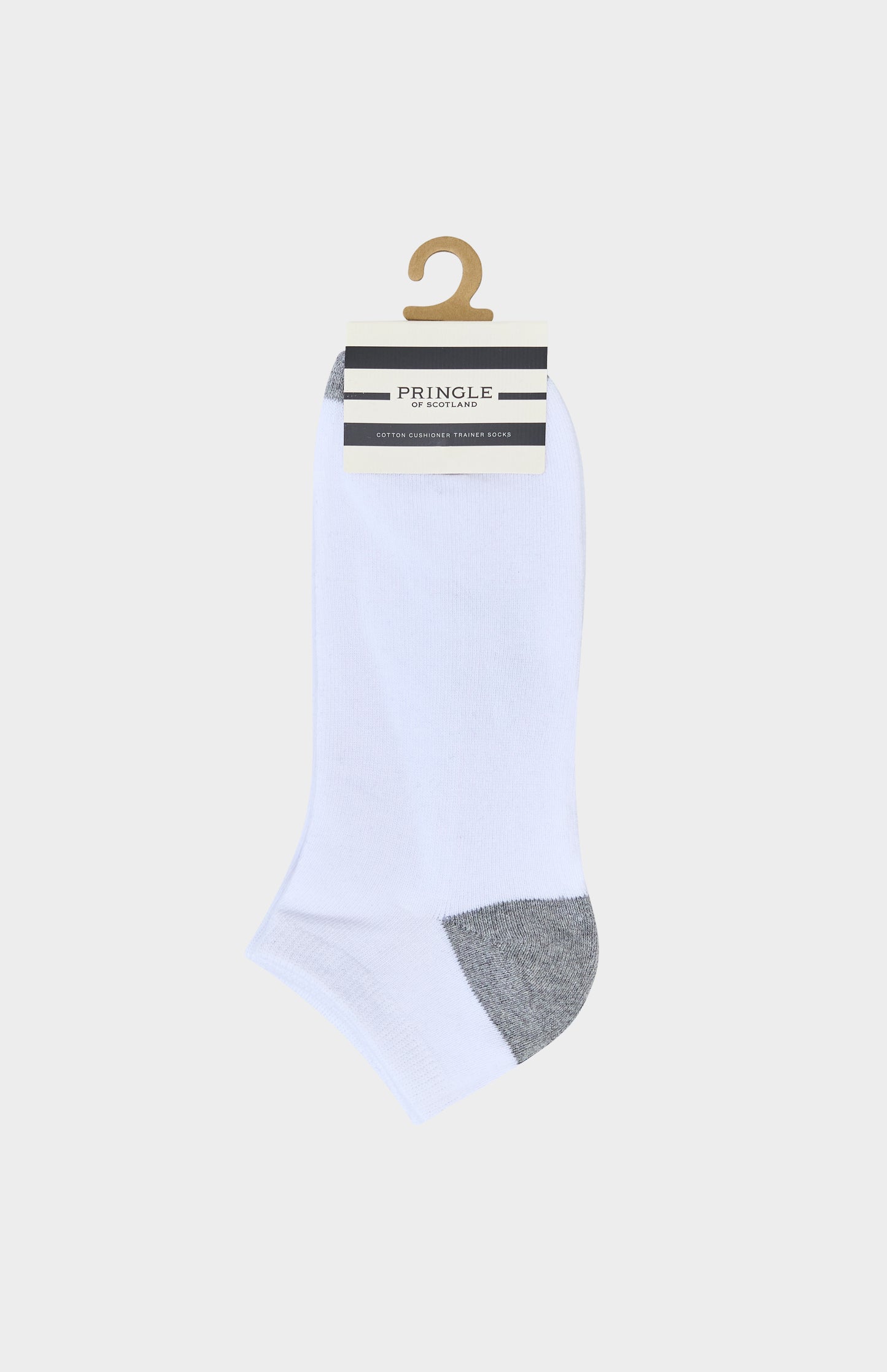 White ankle sock with gray toe and heel on a hanger against a white background
