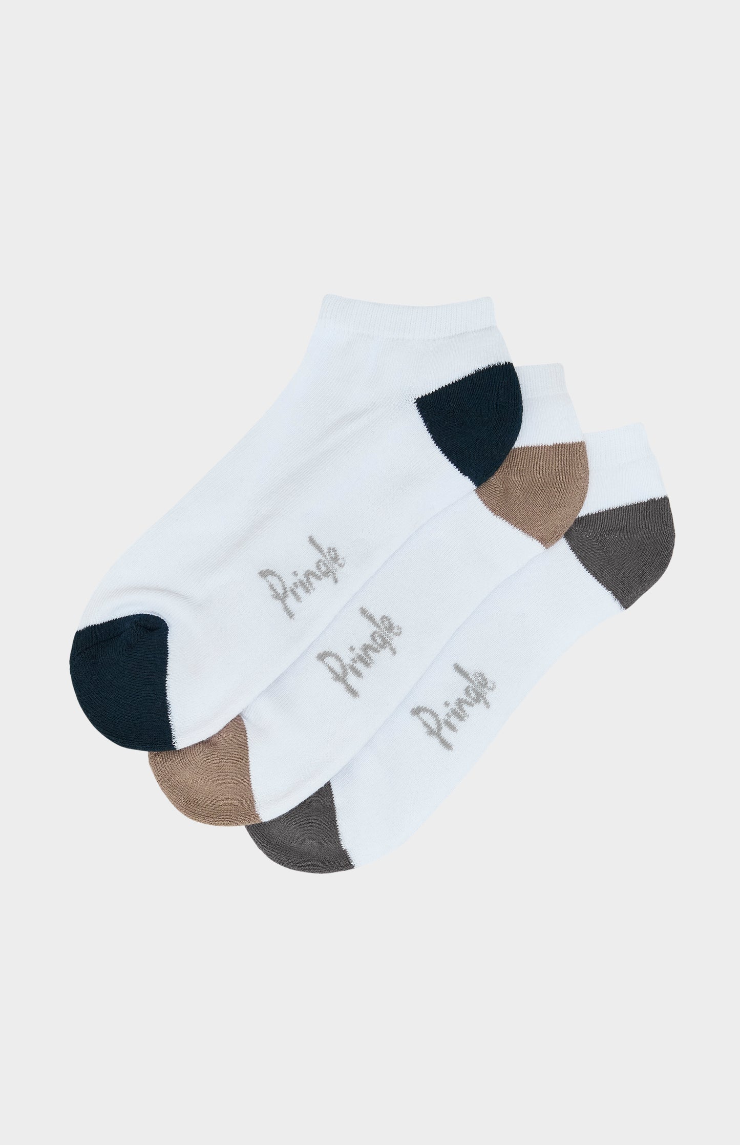 White socks with different colour heel and toe accents and Pringle branding