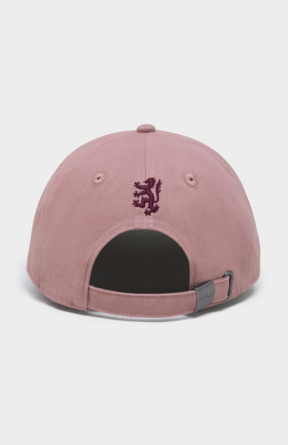 Pink and burgundy baseball cap with lion logo embroidered on the back