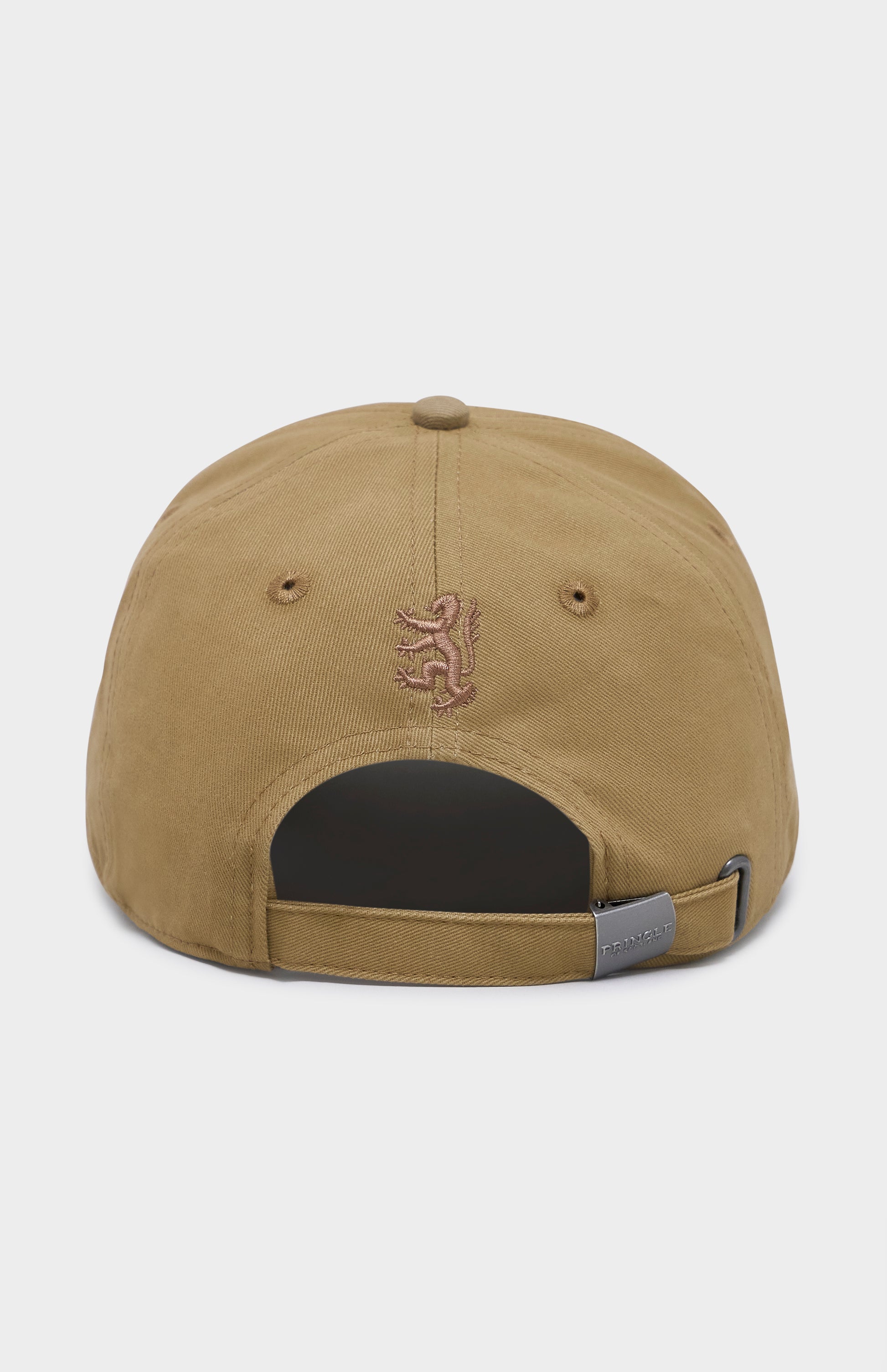Camel baseball cap with lion logo embroidered on the back
