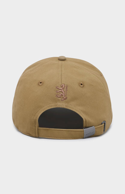 Camel baseball cap with lion logo embroidered on the back