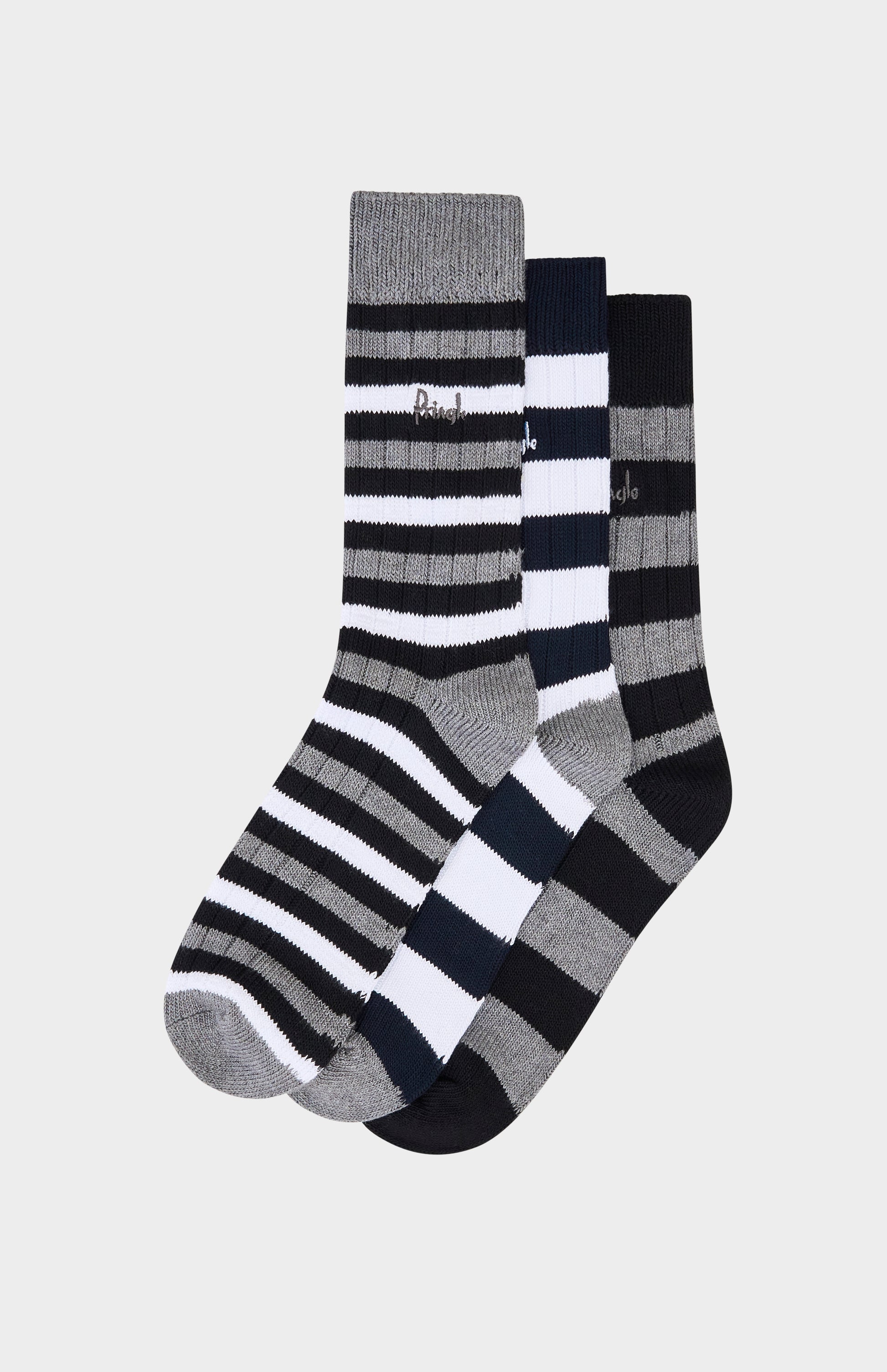 Set of black, white and grey striped socks on a white background with pringle branding