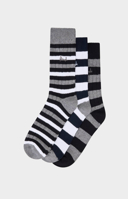 Set of black, white and grey striped socks on a white background with pringle branding