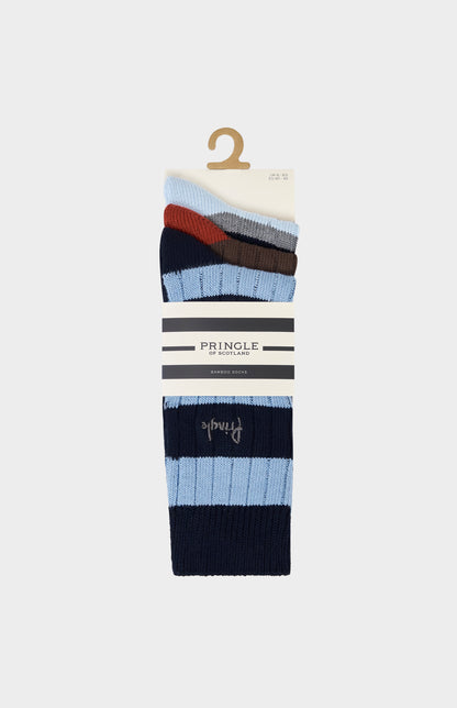 Pack of striped socks on a hanger with Pringle branding.