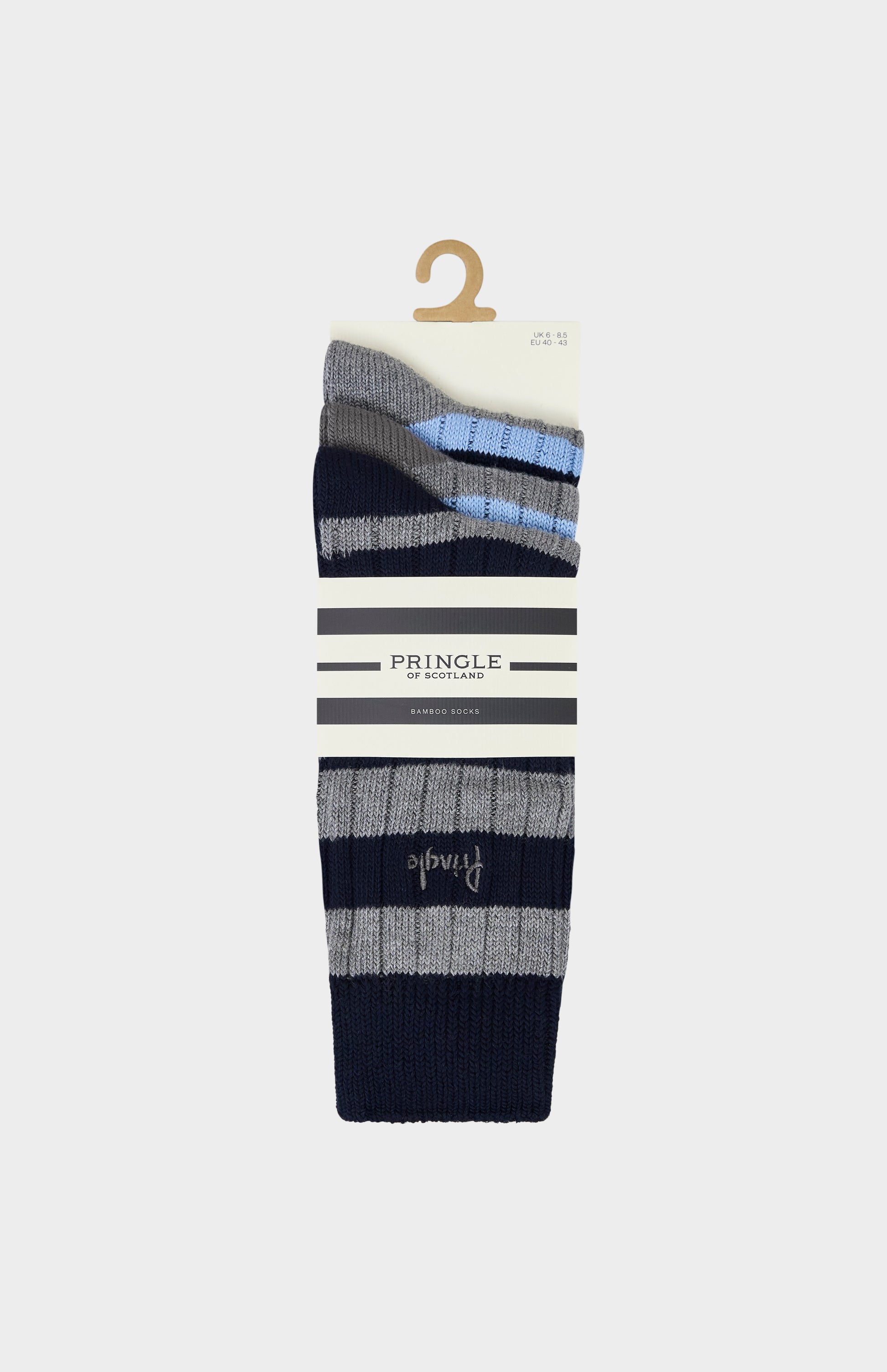 Set of striped socks on a hanger with Pringle branding.