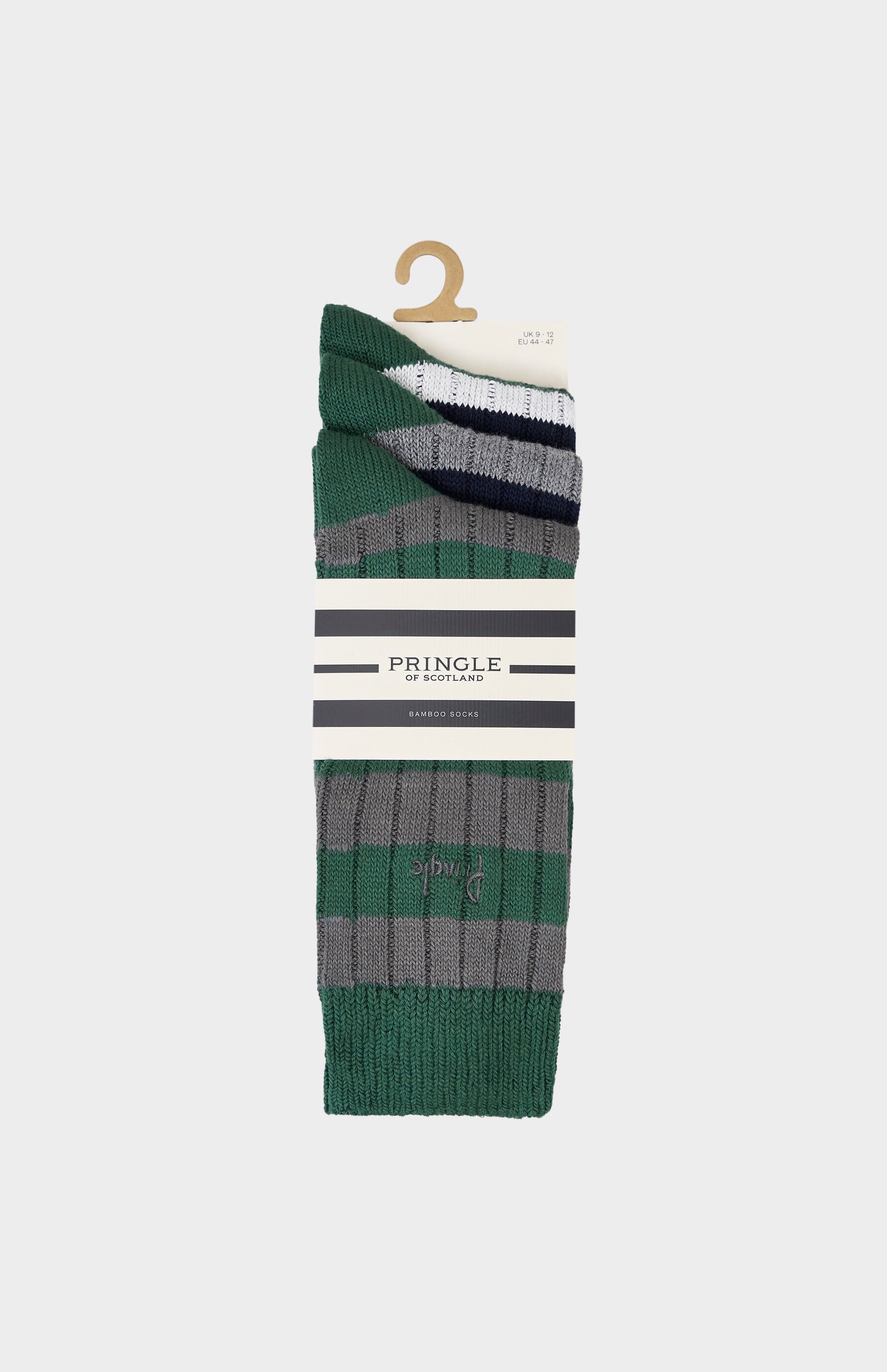 Set of green and gray striped socks on a hanger with Pringle branding.