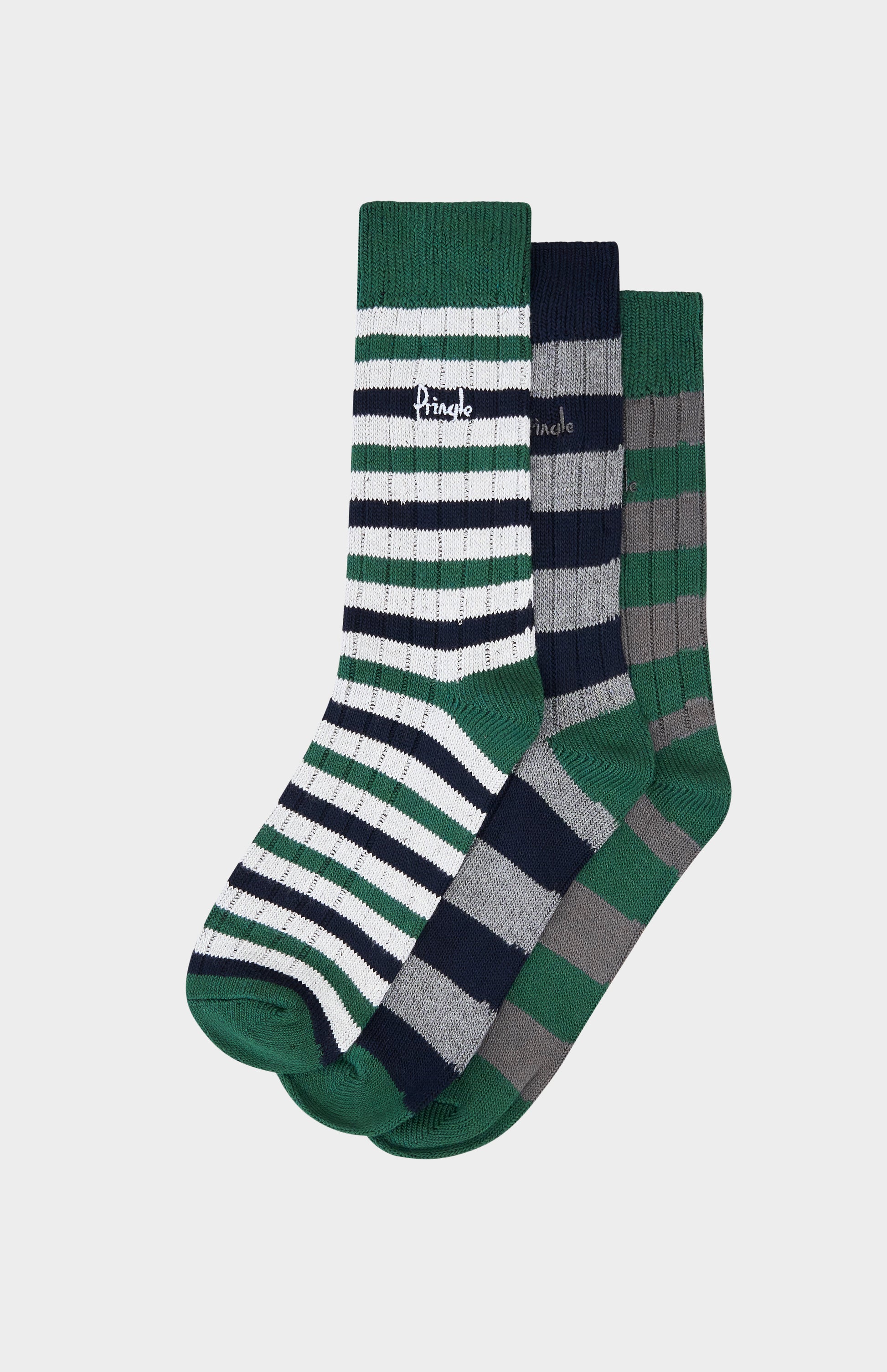Three pairs of green and gray striped socks on a white background