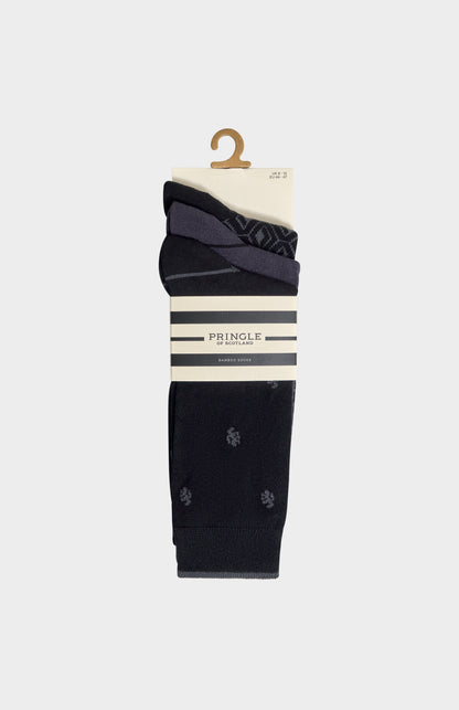 Pringle Men’s Black Bamboo Lion / Diamond / Stripe Jacquard Socks in 3 pack