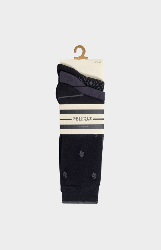 Pringle Men’s Black Bamboo Lion / Diamond / Stripe Jacquard Socks in 3 pack