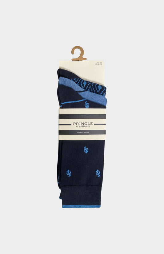 Pringle Men’s Blue Bamboo Lion / Diamond / Stripe Jacquard Socks in 3 pack
