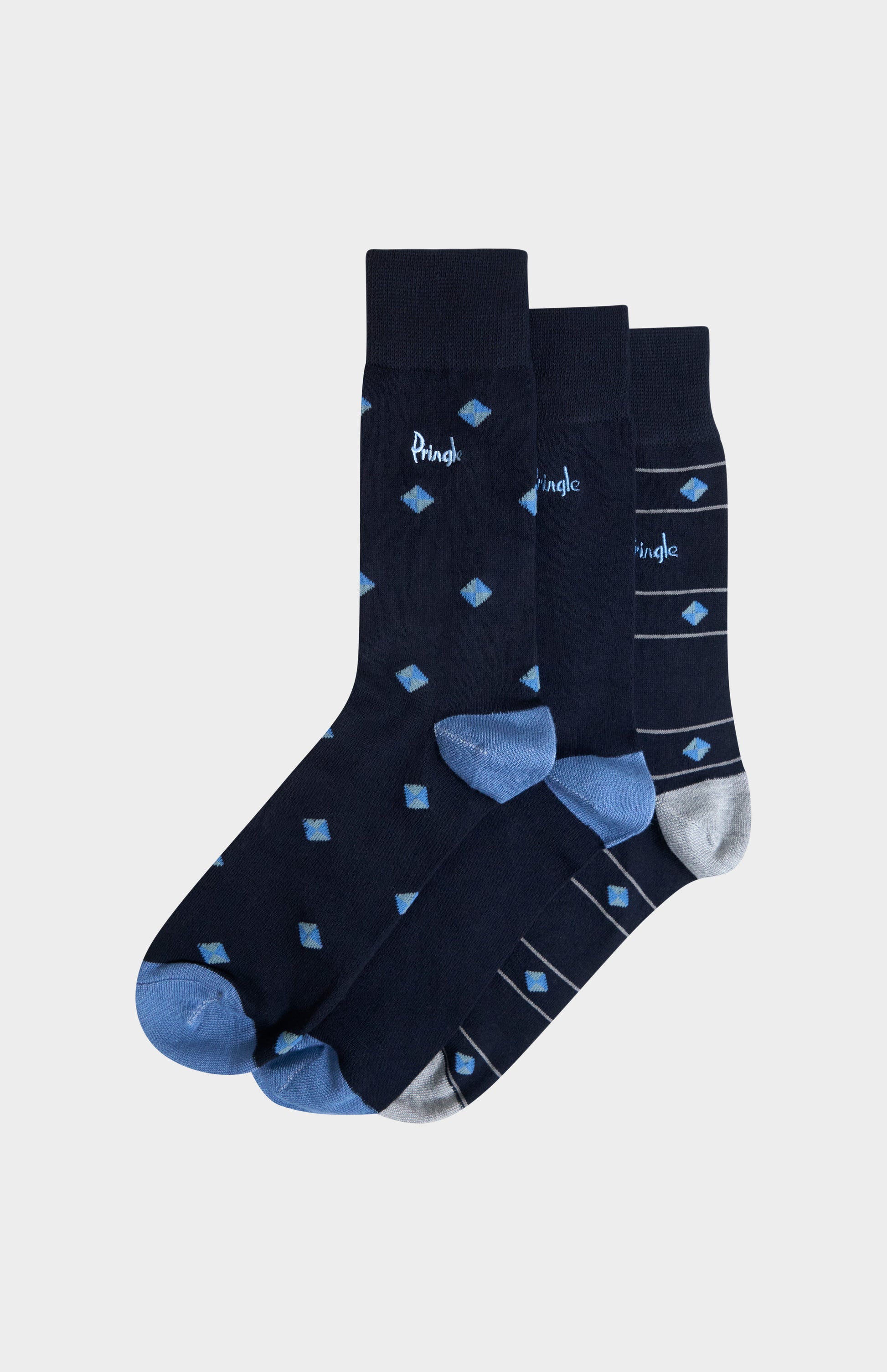 Pringle Men’s Multi Blue Bamboo Jacquard Socks with Square Diamond Pattern