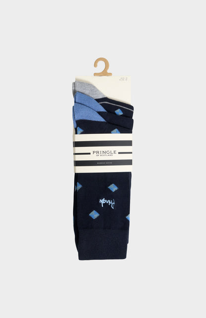 Pringle Men’s Multi Blue Bamboo Jacquard Socks with Square Diamond Pattern in  3 pack