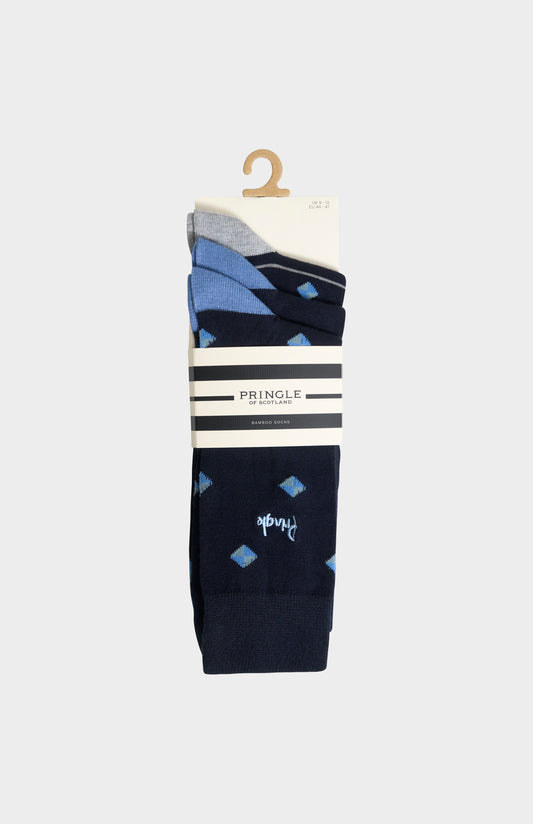 Pringle Men’s Multi Blue Bamboo Jacquard Socks with Square Diamond Pattern in  3 pack