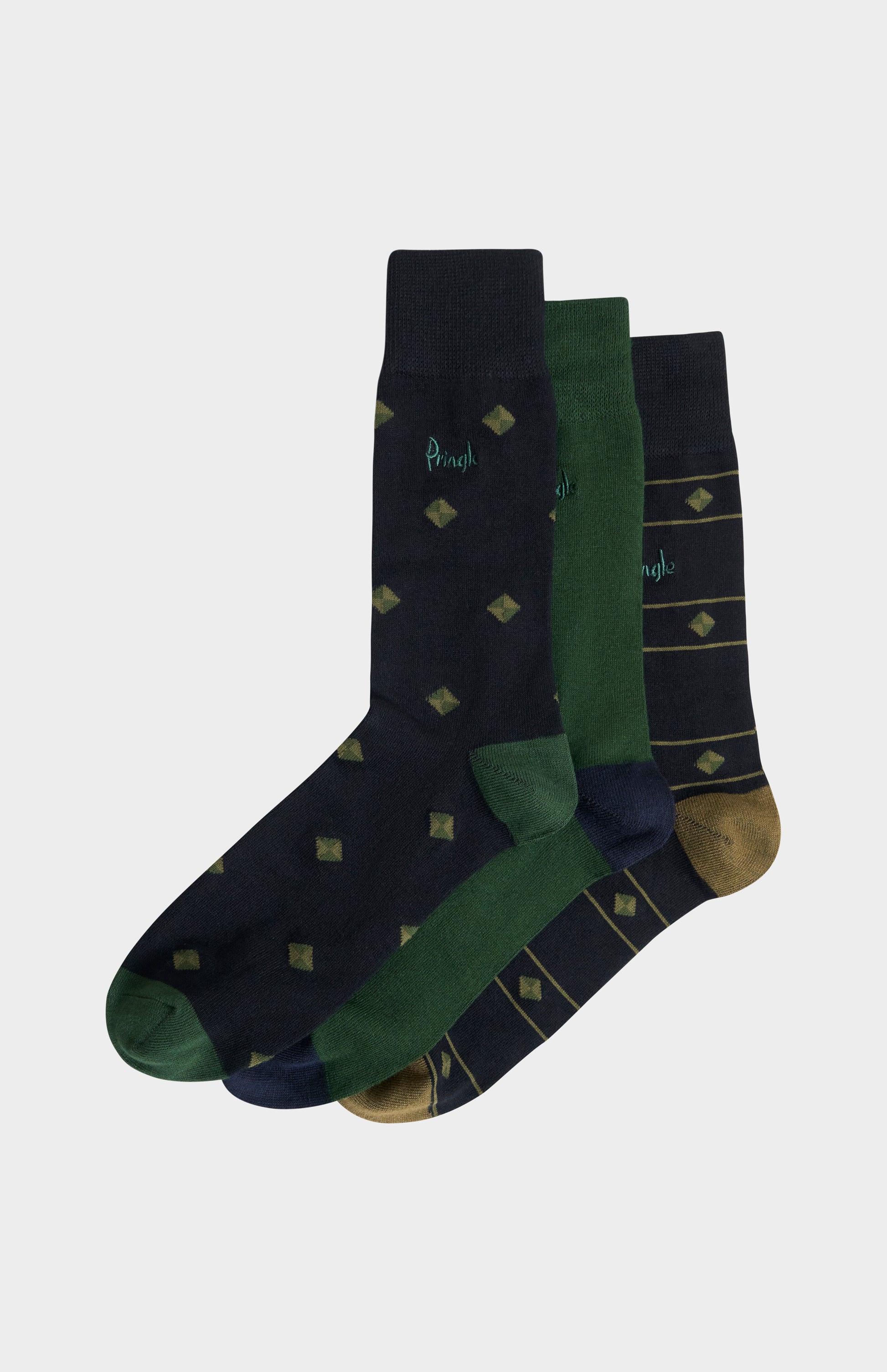 Pringle Men’s Multi Green Bamboo Jacquard Socks with Square Diamond Pattern