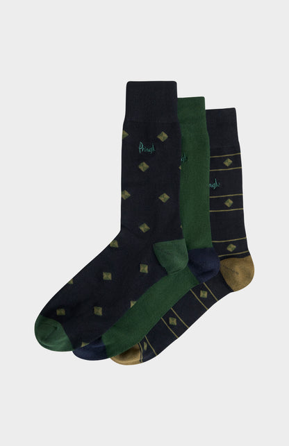 Pringle Men’s Multi Green Bamboo Jacquard Socks with Square Diamond Pattern