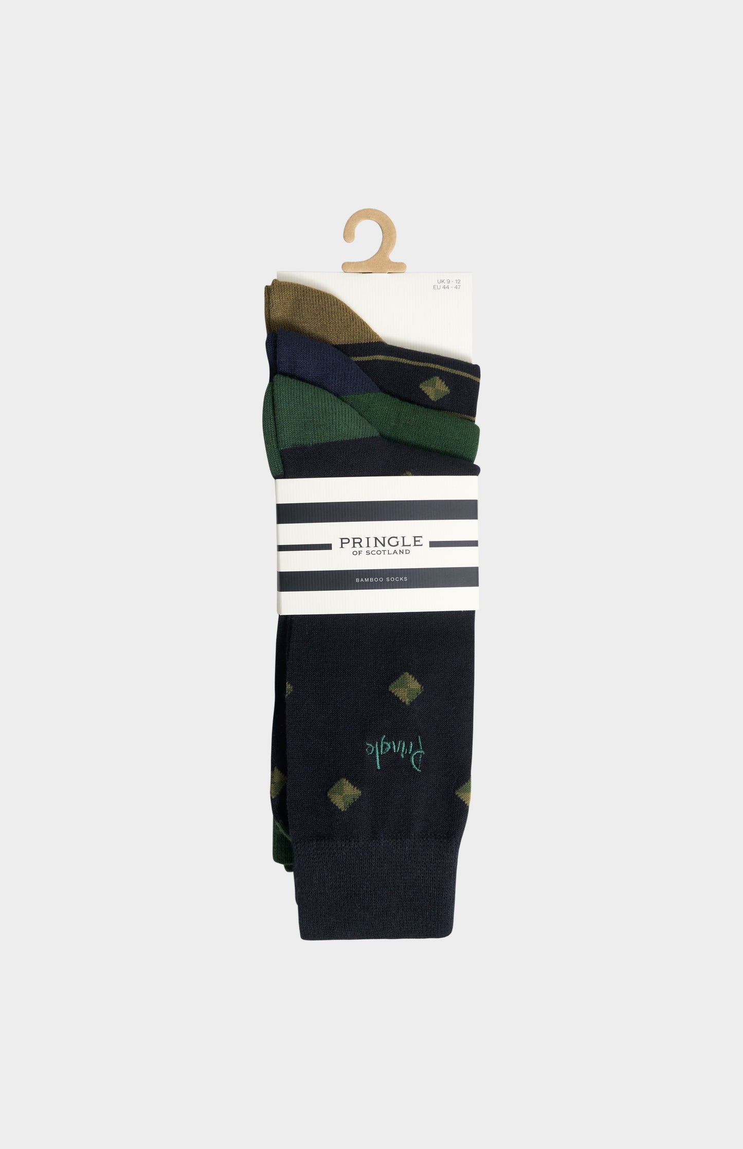 3-pack of Pringle Men’s Multi Green Bamboo Jacquard Socks with Square Diamond Pattern