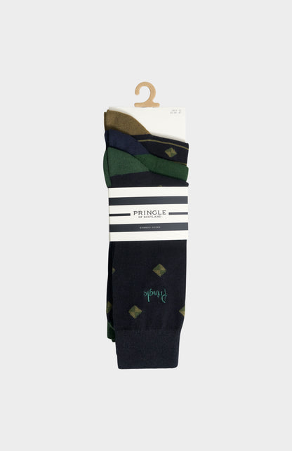 3-pack of Pringle Men’s Multi Green Bamboo Jacquard Socks with Square Diamond Pattern