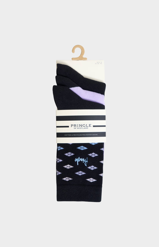 3-pack of Pringle Women’s Black & Lilac Cotton Jacquard Socks with Diamond Pattern