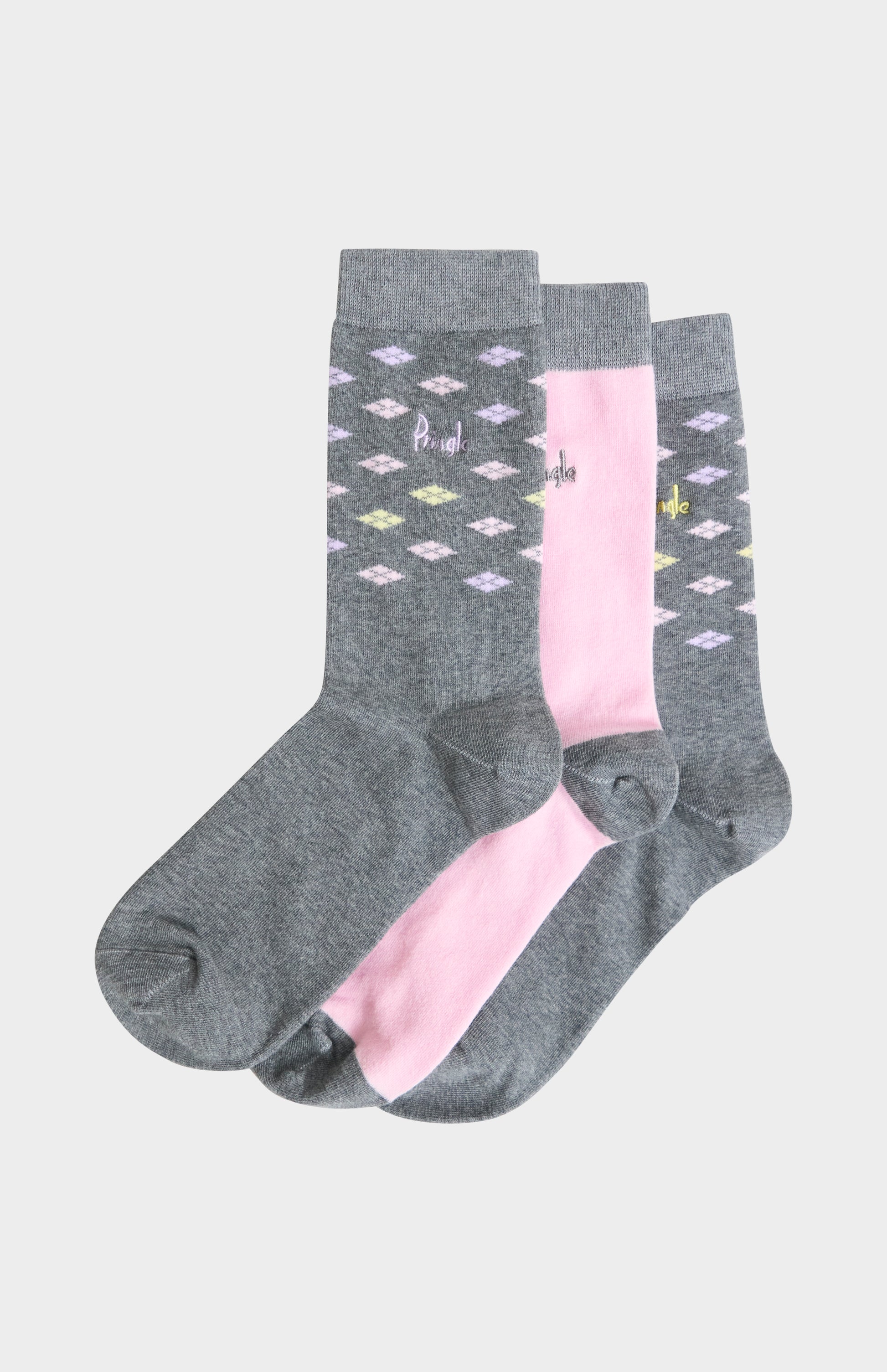 Pringle Women’s Grey & Pink Cotton Jacquard Socks with Diamond Pattern