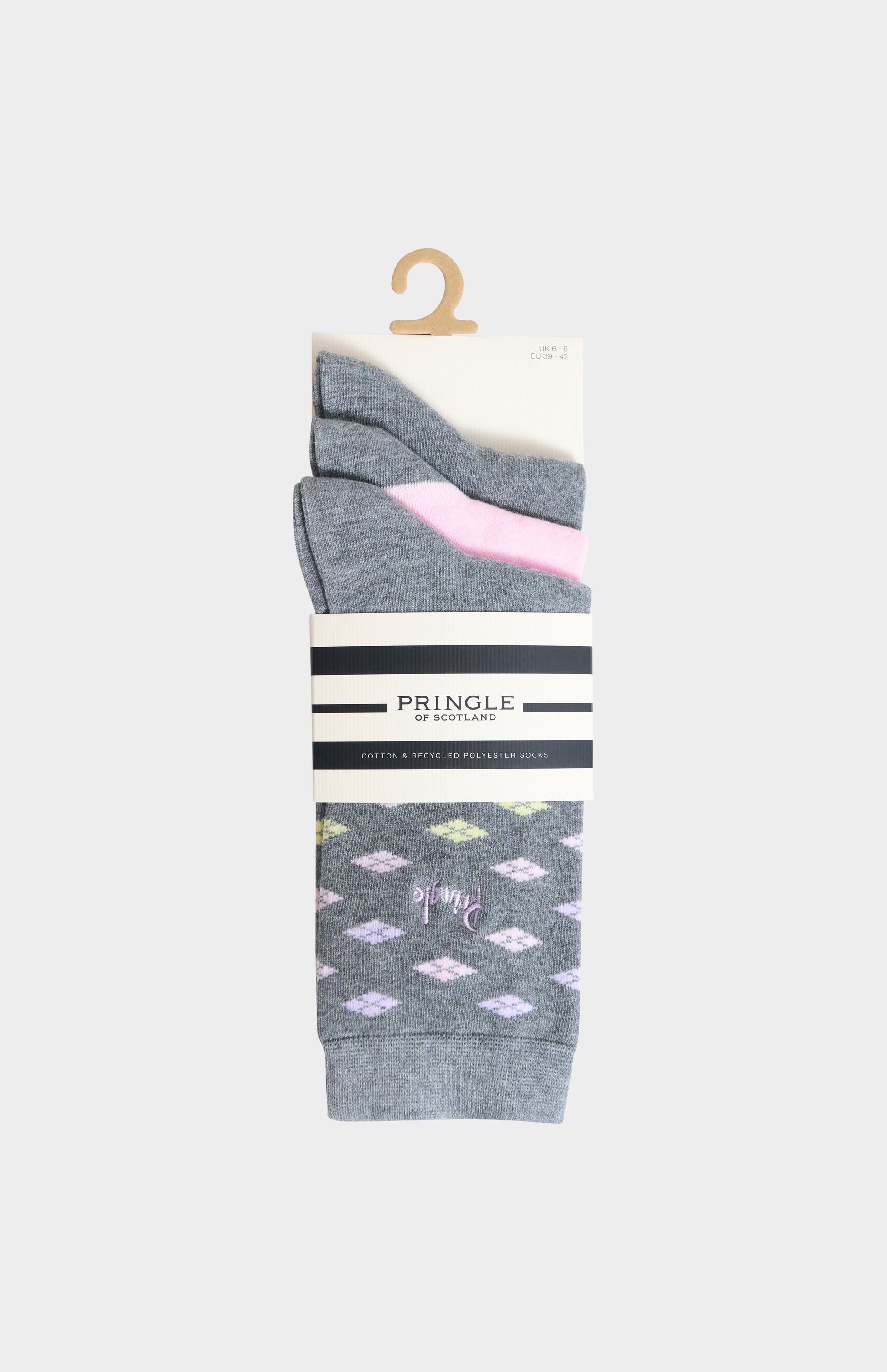 3-pack of Pringle Women’s Grey & Pink Cotton Jacquard Socks with Diamond Pattern