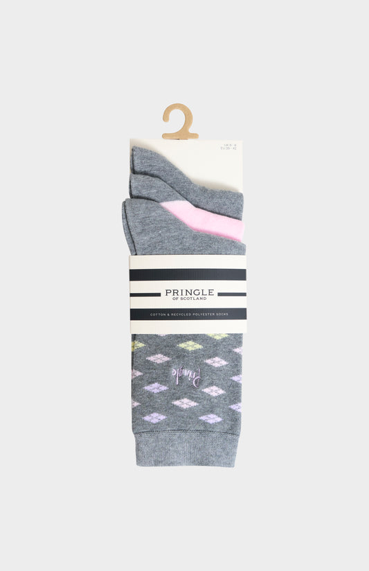 3-pack of Pringle Women’s Grey & Pink Cotton Jacquard Socks with Diamond Pattern