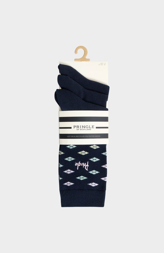 3-pack of Pringle Women’s Navy Cotton Jacquard Socks with Square Diamond Pattern