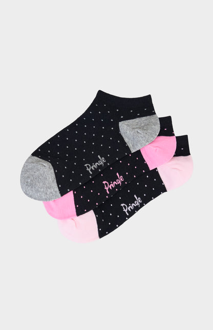 Set of black ankle socks with pink and gray polka dots on a light gray background