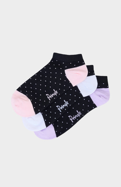 Black ankle socks with pink, light blue, and light purple polka dots and text on a light gray background
