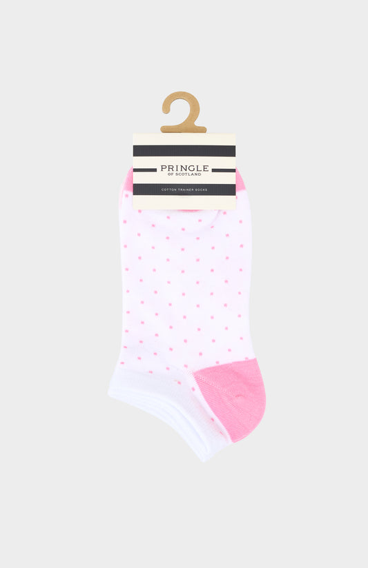 Pack of pink and white polka dot socks with a Pringle label on a white background