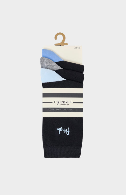 Pack of black socks with blue heel and toe accents and Pringle branding on a white background