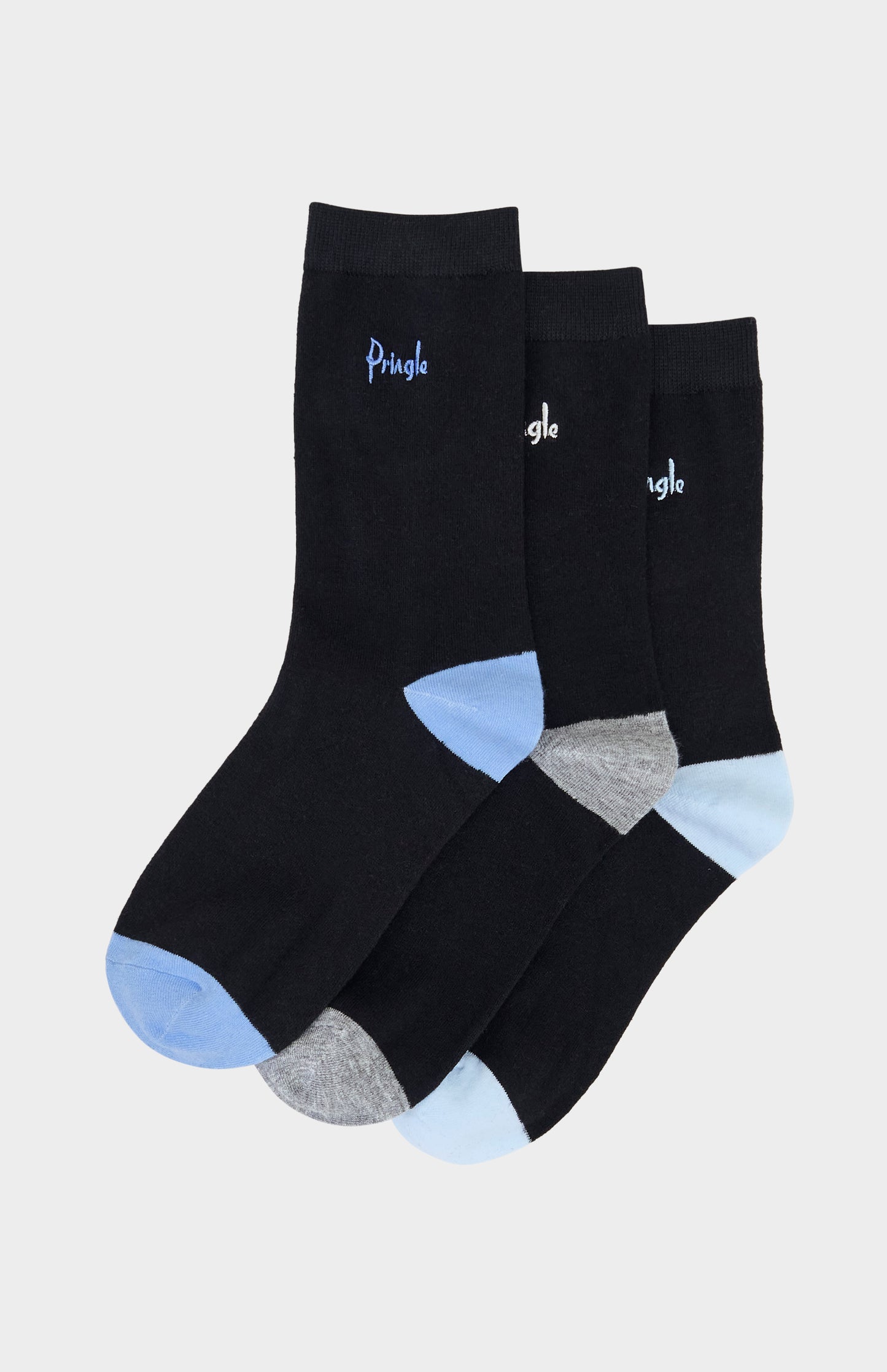 Pack of black socks with blue heel and toe accents and Pringle branding on a white background