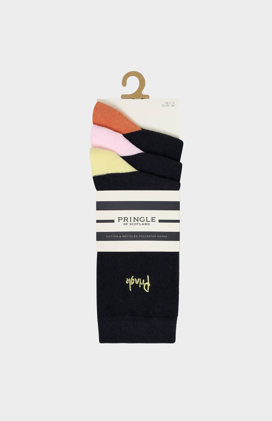Set of black socks with colorful heel and toe accents on a hanger with Pringle branding.