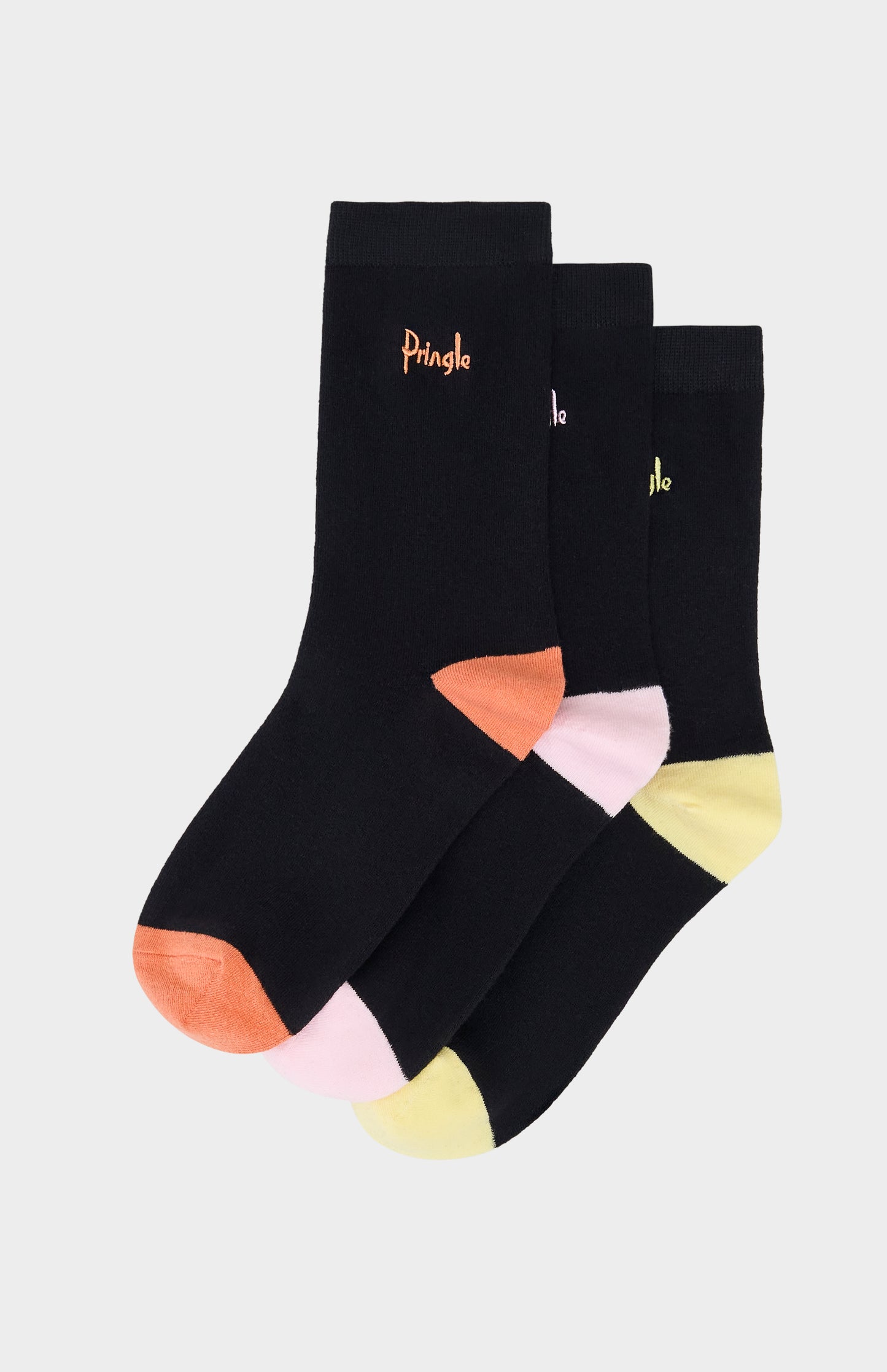Set of black socks with colorful heel and toe accents on a hanger with Pringle branding.