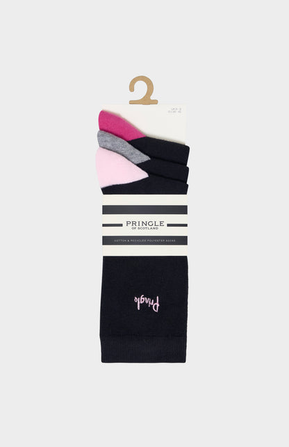 Set of black socks with pink and grey heel and toe accents, and Pringle branding on a white background