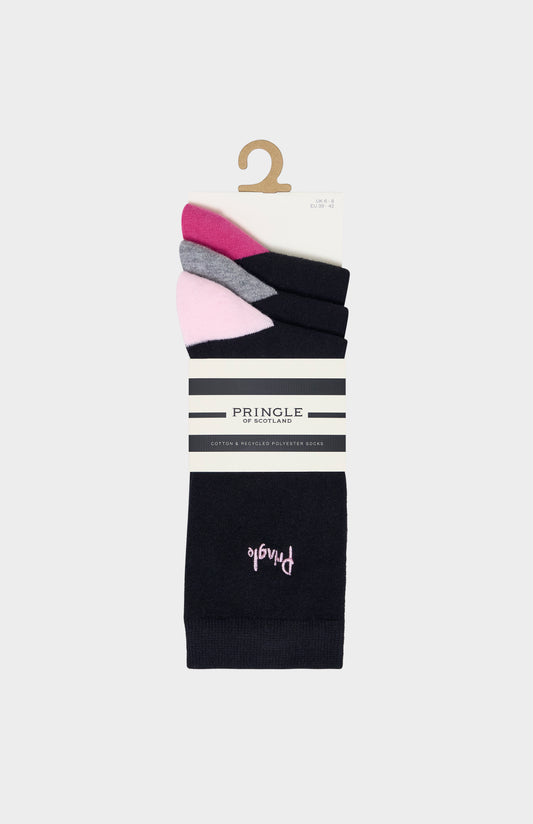 Set of black socks with pink and grey heel and toe accents, and Pringle branding on a white background