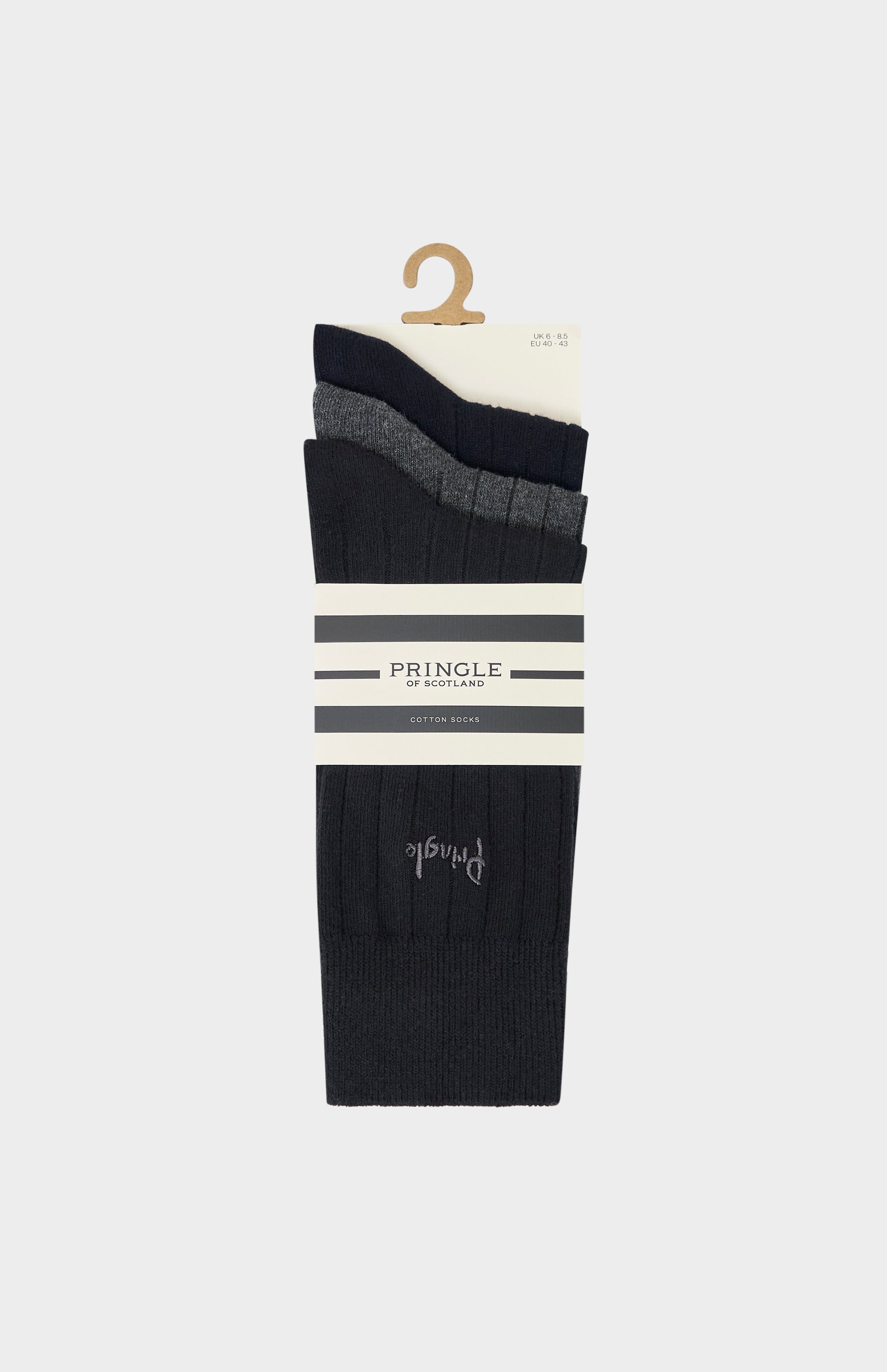 3 Pack of Black and Grey socks on a white background