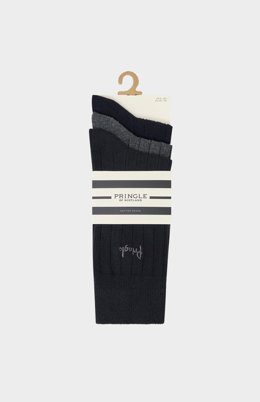 3 Pack of Black and Grey socks on a white background