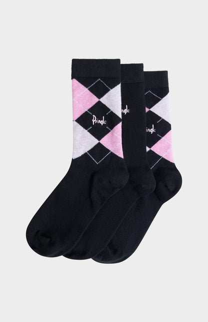 Pringle Women’s Argyle Cotton Jacquard Socks in Black, Lilac & Pink