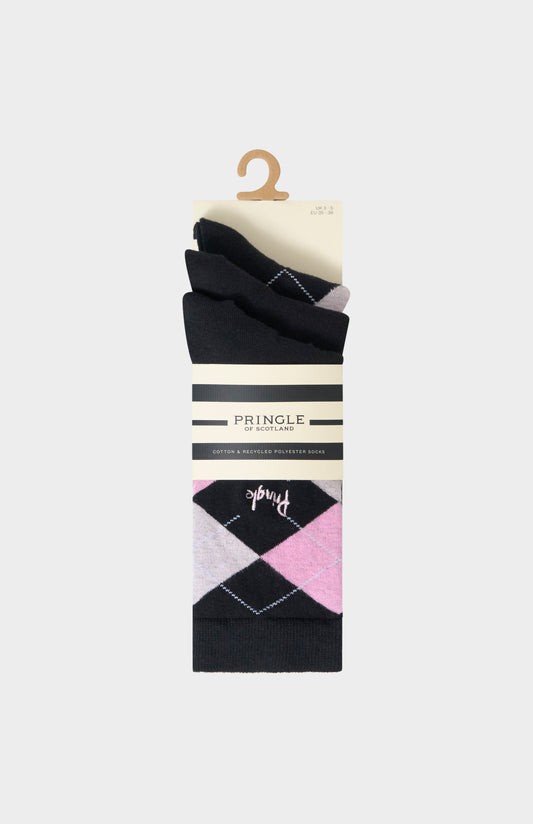 Pringle Women’s Argyle Cotton Jacquard Socks in Black, Lilac & Pink in a 3 pack