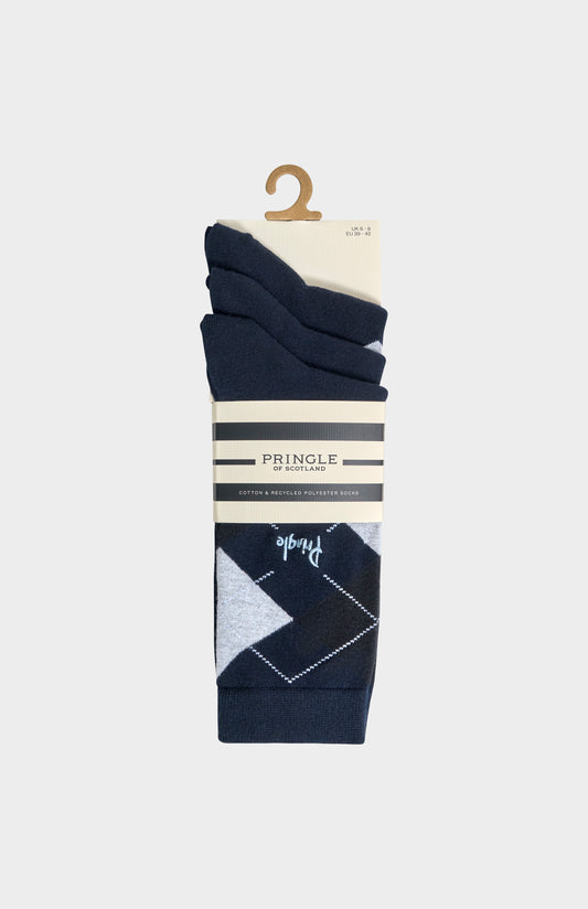 3-pack of Pringle Women’s Argyle Cotton Jacquard Socks in Navy & Light Grey