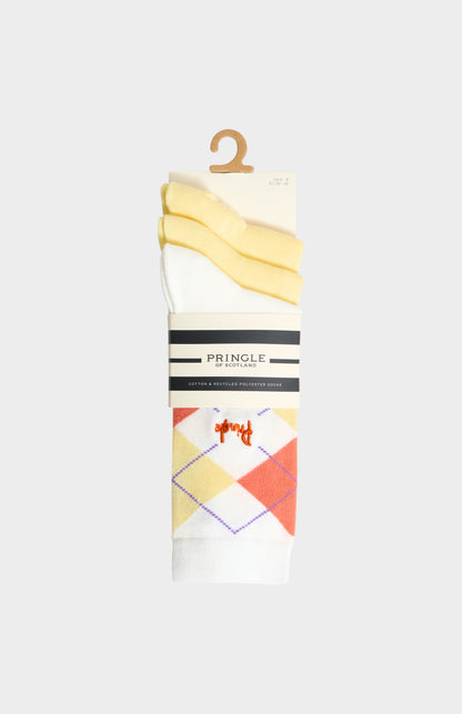 3-pack of Pringle Women’s Argyle Cotton Jacquard Socks in Yellow, Orange & Ecru