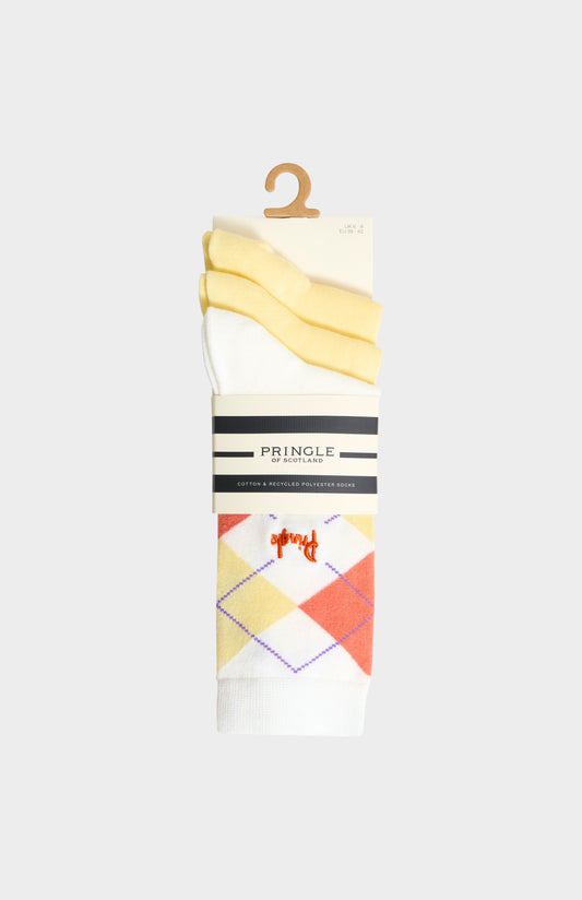 3-pack of Pringle Women’s Argyle Cotton Jacquard Socks in Yellow, Orange & Ecru
